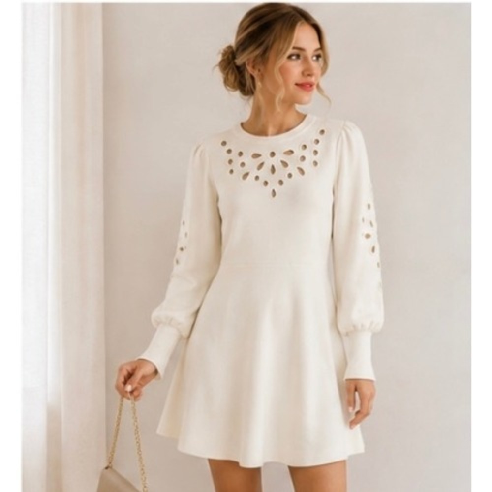 Express Women Ivory Eyelet Cutout Fit and Flare Sweater Dress Cream Large